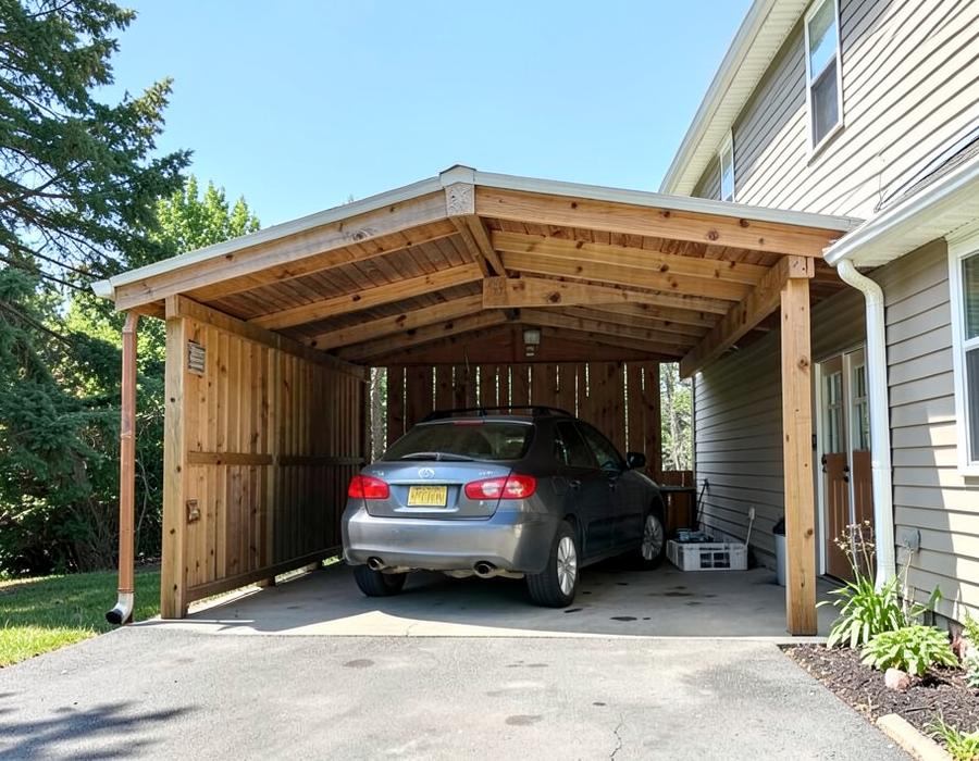 Offener Carport aus Holz mit Stellplatz neben einem Wohnhaus