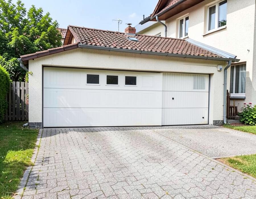 Geschlossene Garage mit Sektionaltor und Ziegeldach neben einem Wohnhaus