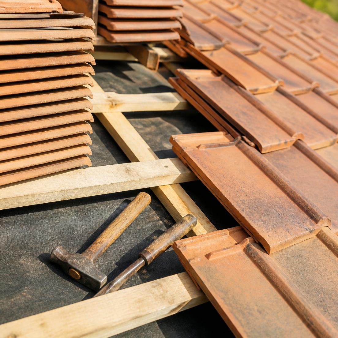Gestapelte Dachziegel, Holzlatten und Handwerkzeug auf einer Dachfläche