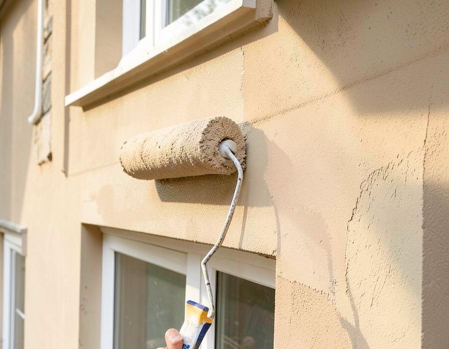 Farbrolle beim Streichen einer verputzten Hausfassade in warmem Beige