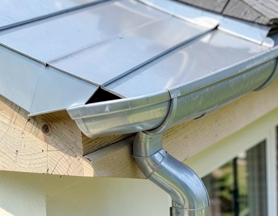 Detail einer Dachrinne aus Metall mit Fallrohr und Blechabdeckung an einer Dachkante